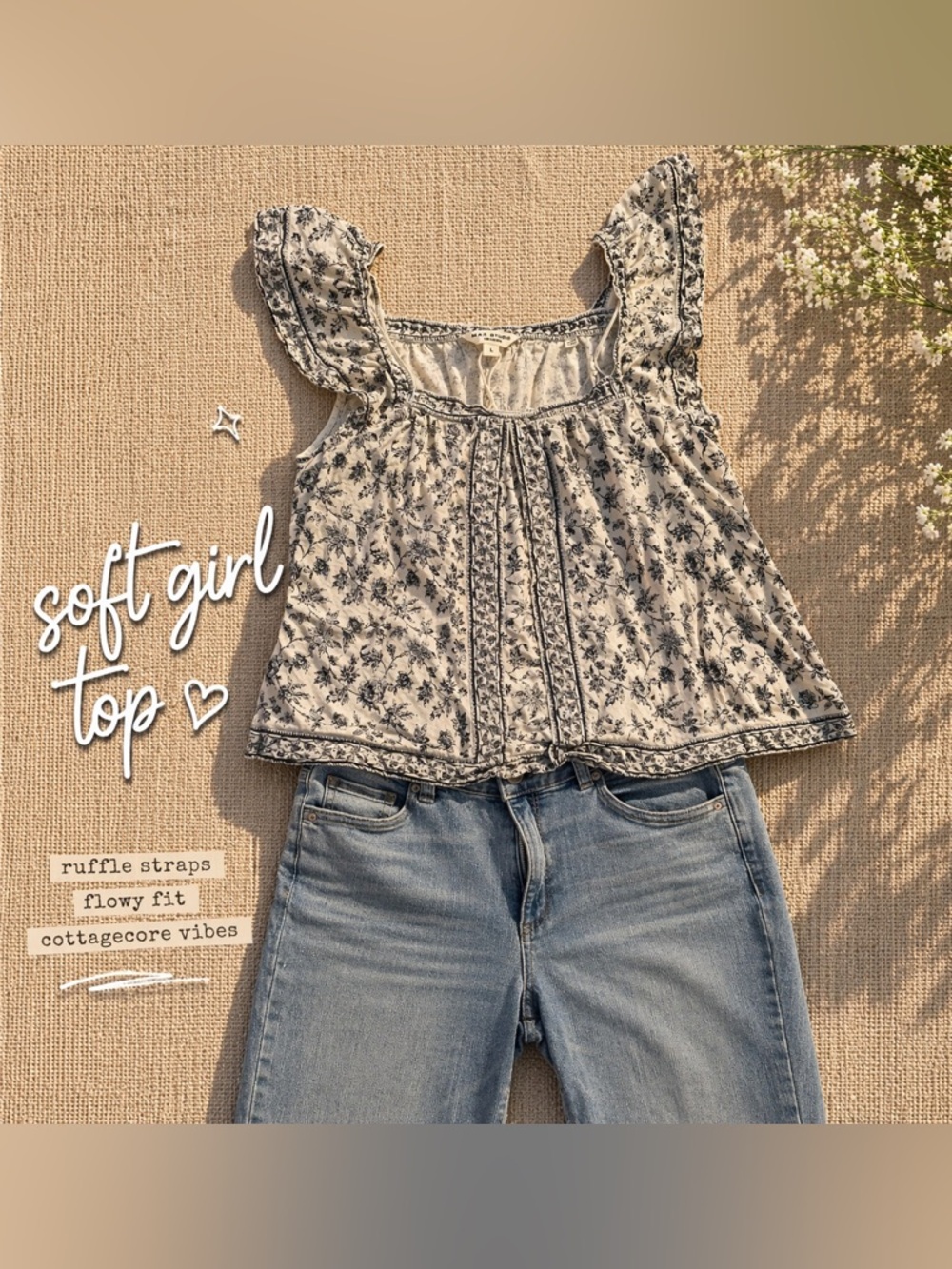 Max Studio Cream and Black Floral Ruffle-Trim Blouse